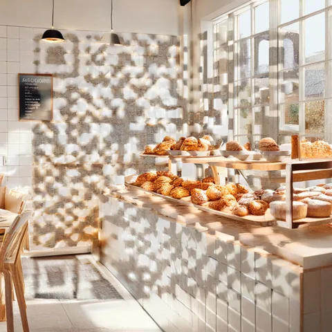 AI QR code art test: Bright coffee shop, strength 2.5, large code size
