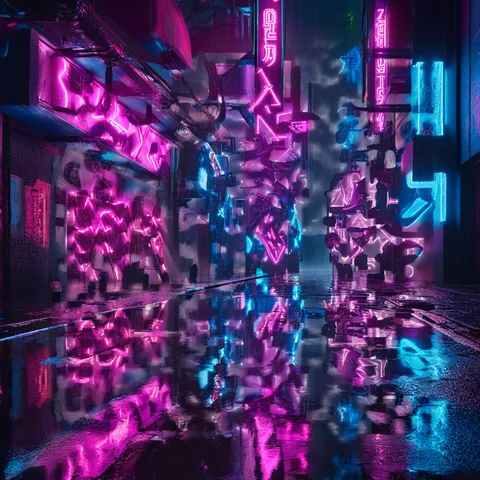 AI QR code art test: Neon street at night, strength 2.0, large code size