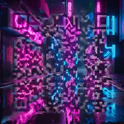 AI QR code art test: Neon street at night, strength 2.2, large code size