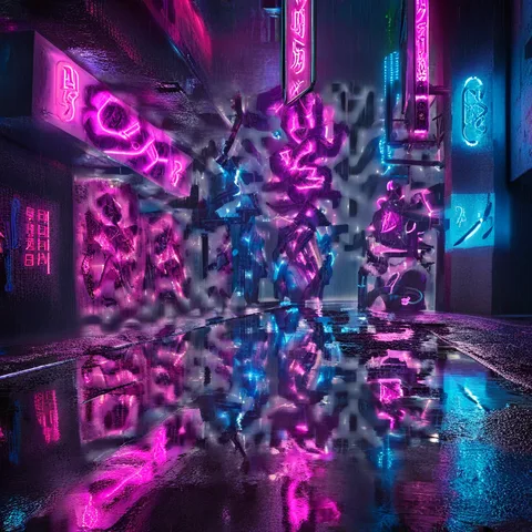 AI QR code art test: Neon street at night, strength 2.5, standard code size