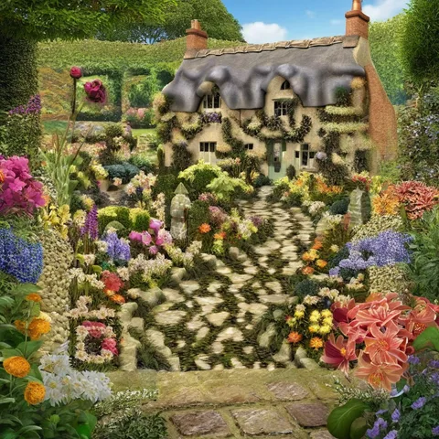 AI QR code art test: Cottage garden, strength 2.0, standard code size