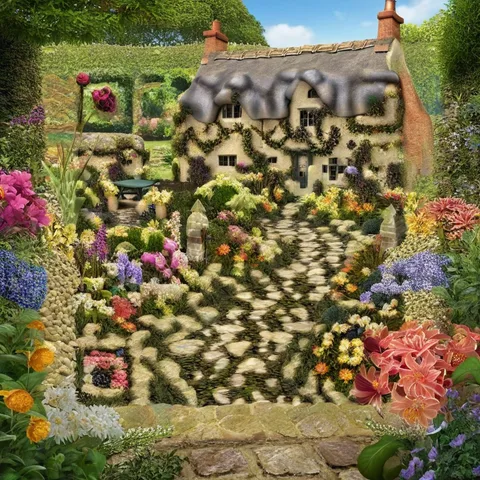 AI QR code art test: Cottage garden, strength 2.2, standard code size
