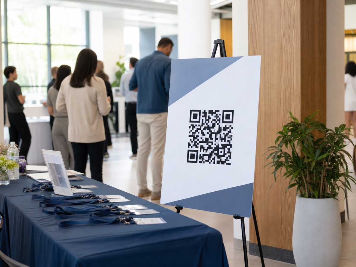 Photorealistic scene mockup of a QR code on an event check-in poster