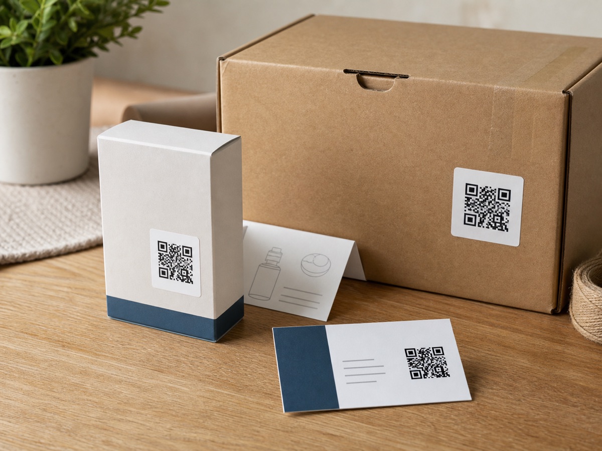 Photorealistic scene mockup of QR codes on product packaging and a business card