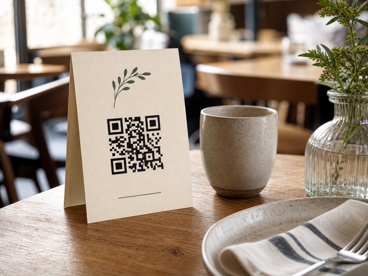 Photorealistic scene mockup of a QR code menu card on a cafe table