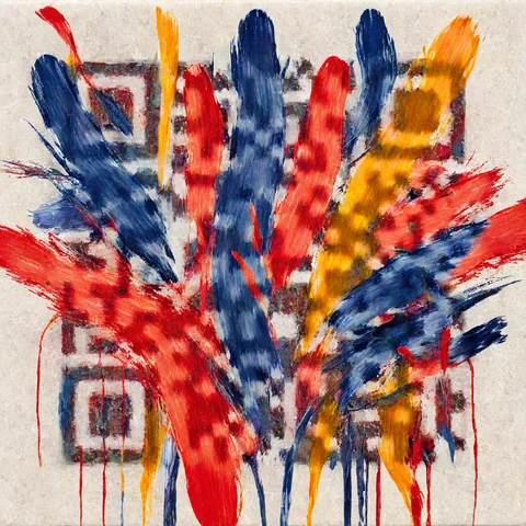 AI QR code art of bold red, blue and yellow brush strokes — scans to zapqr.net