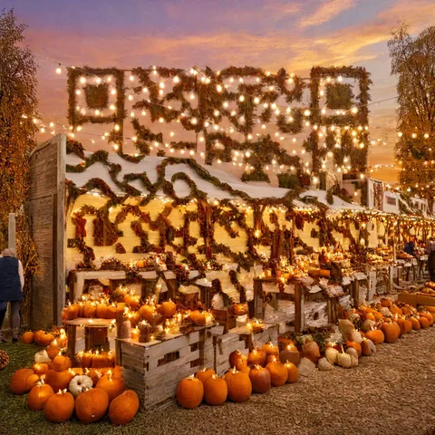 AI QR code art of an autumn harvest market with pumpkins and string lights — scans to the ZapQR gallery