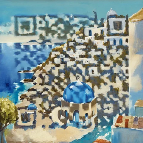AI QR code art of a white seaside village with blue domes — scans to zapqr.net
