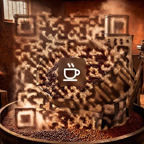AI QR code art of coffee beans in a roastery with a coffee cup logo in the centre — scans to zapqr.net