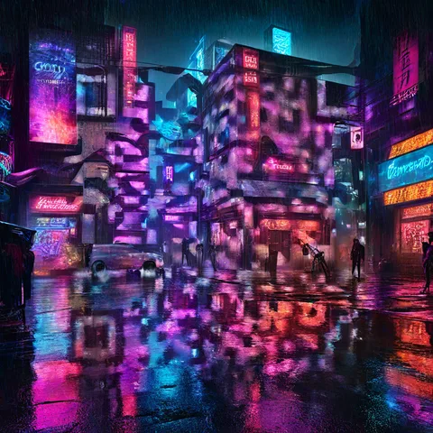 AI QR code art of a neon cyberpunk street in the rain — scans to zapqr.net