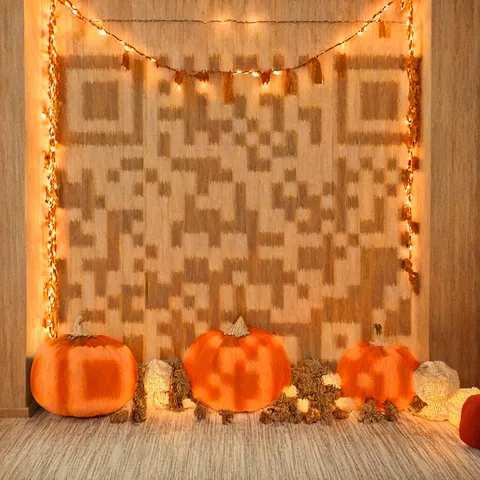AI QR code art of pumpkins and warm string lights on a wooden wall — scans to zapqr.net