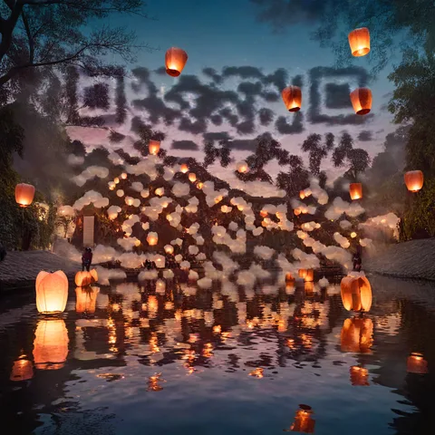 AI QR code art of paper lanterns floating over a river at twilight — scans to the ZapQR gallery