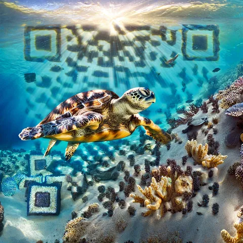 AI QR code art of a sea turtle over a bright coral reef — scans to zapqr.net