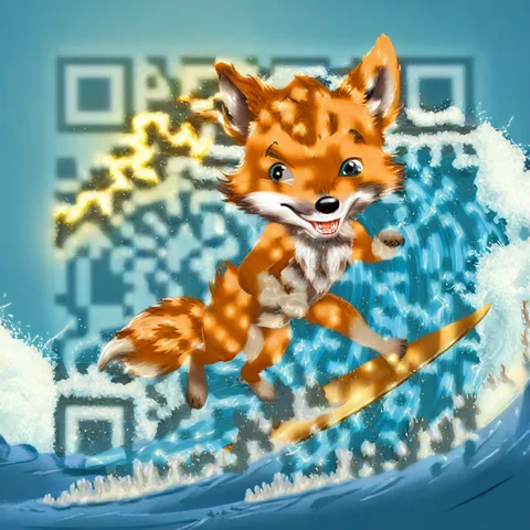 AI QR code art of a cartoon fox with a lightning tail surfing a wave — scans to zapqr.net